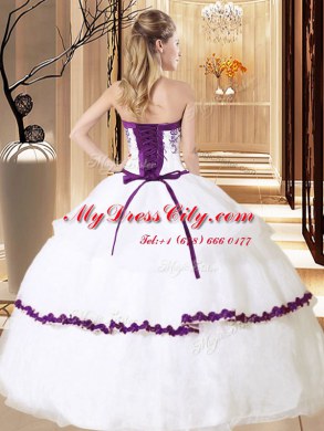 Sexy White 15th Birthday Dress Military Ball and Sweet 16 and Quinceanera and For with Embroidery and Ruffled Layers Sweetheart Sleeveless Lace Up