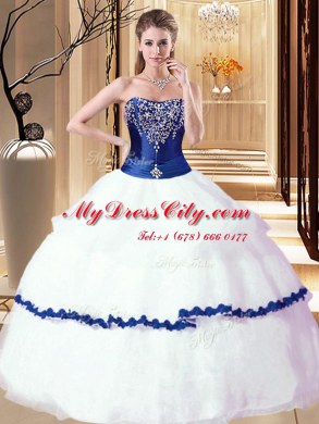Discount White and Royal Blue Lace Up Strapless Beading and Ruffled Layers Quinceanera Gown Organza Sleeveless