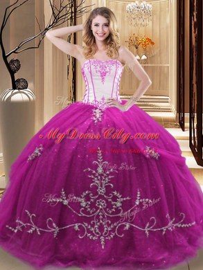 Wonderful Tulle Strapless Sleeveless Lace Up Embroidery Quince Ball Gowns in Fuchsia