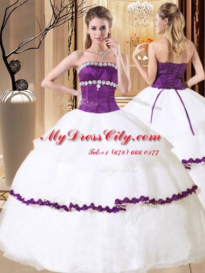 Luxurious Ruffled White Sleeveless Organza Lace Up Quinceanera Dress for Military Ball and Sweet 16 and Quinceanera and Beach