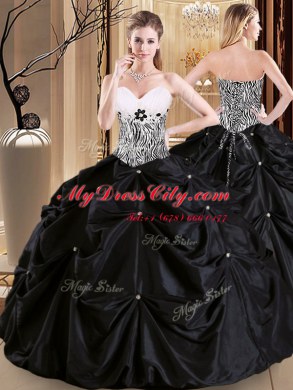 Smart Sweetheart Sleeveless Quinceanera Gowns Floor Length Pick Ups Black Satin and Taffeta