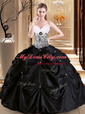 Smart Sweetheart Sleeveless Quinceanera Gowns Floor Length Pick Ups Black Satin and Taffeta