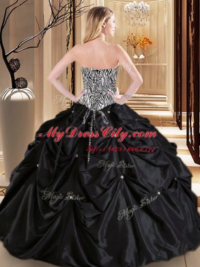 Smart Sweetheart Sleeveless Quinceanera Gowns Floor Length Pick Ups Black Satin and Taffeta