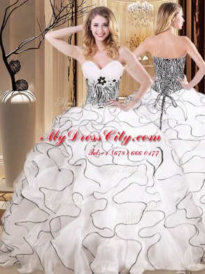 Floor Length Lace Up Quince Ball Gowns White for Military Ball and Sweet 16 and Quinceanera with Ruffles