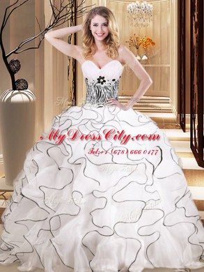 Floor Length Lace Up Quince Ball Gowns White for Military Ball and Sweet 16 and Quinceanera with Ruffles