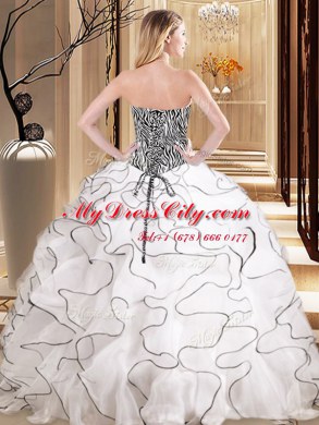 Floor Length Lace Up Quince Ball Gowns White for Military Ball and Sweet 16 and Quinceanera with Ruffles