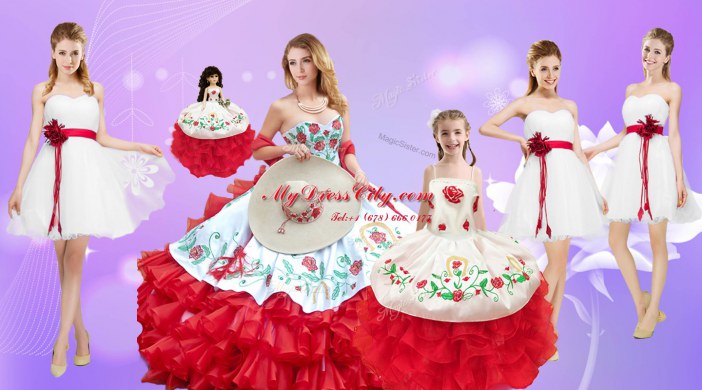 Nice White And Red Ball Gowns Sweetheart Sleeveless Organza Floor Length Lace Up Embroidery and Ruffles Quinceanera Gowns