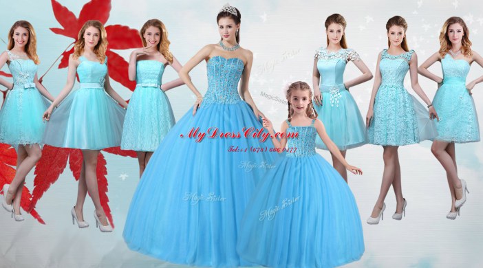 Strapless Sleeveless Lace Up Quinceanera Gown Baby Blue Tulle
