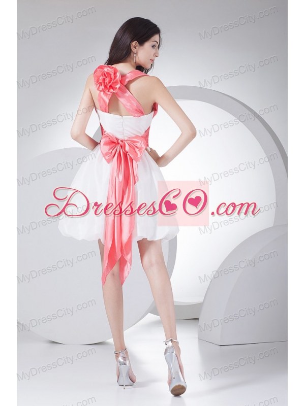 Hand Made Flowers Decorate Bodice Bowknot Mini-length White Criss Cross Straps 2013 Prom Dress