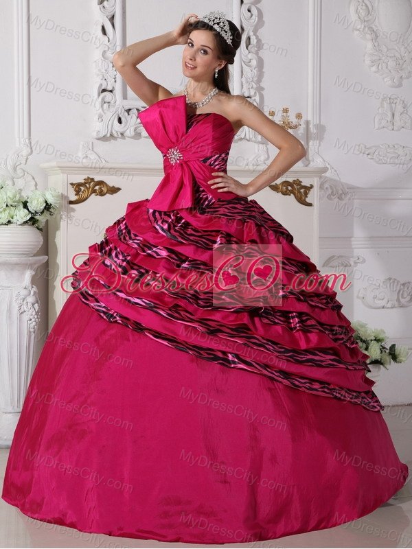 Fuchsia Ball Gown Strapless Floor-length Zebra Beading Quinceanera Dress