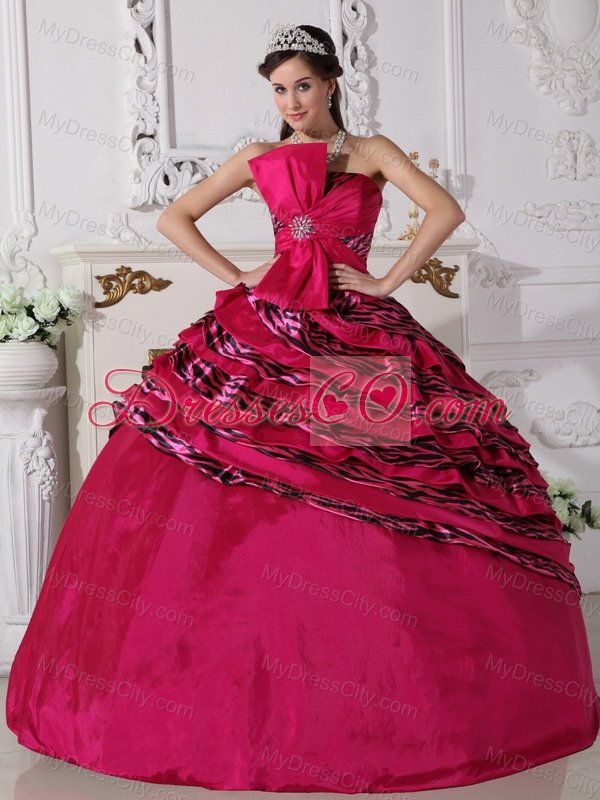 Fuchsia Ball Gown Strapless Floor-length Zebra Beading Quinceanera Dress