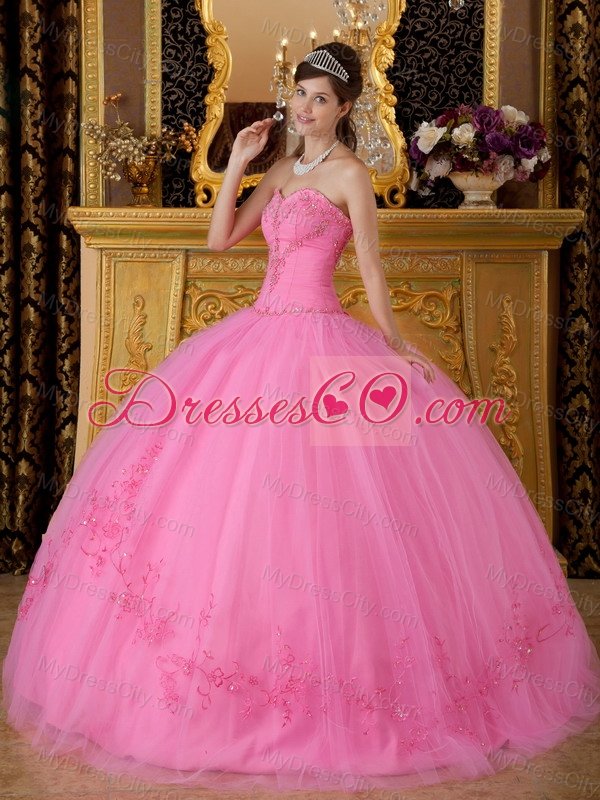 Rose Pink Ball Gown Sweetheart Floor-length Tulle Appliques Quinceanera Dress