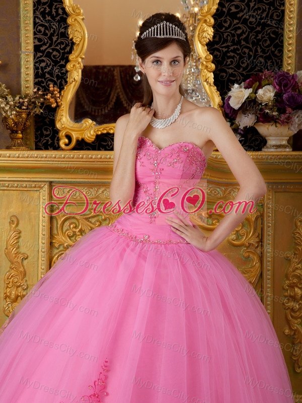 Rose Pink Ball Gown Sweetheart Floor-length Tulle Appliques Quinceanera Dress