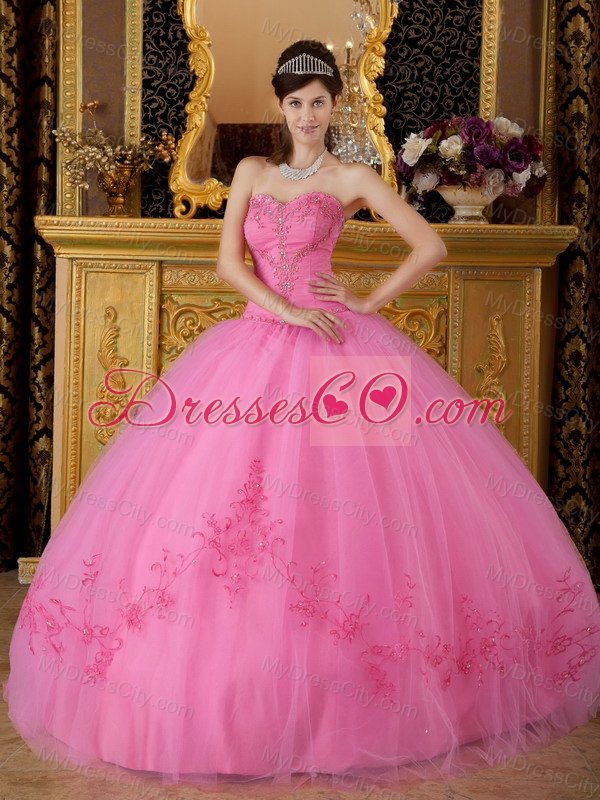 Rose Pink Ball Gown Sweetheart Floor-length Tulle Appliques Quinceanera Dress
