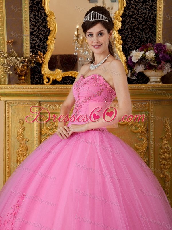 Rose Pink Ball Gown Sweetheart Floor-length Tulle Appliques Quinceanera Dress