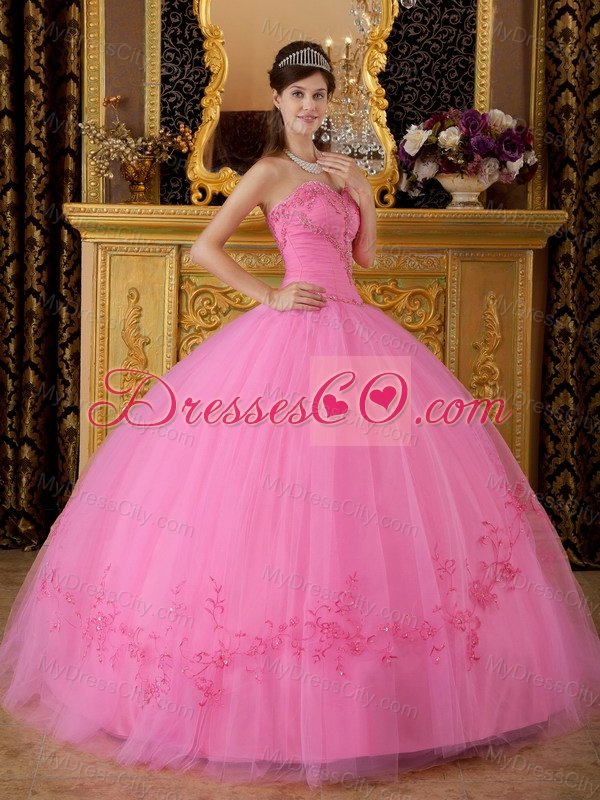 Rose Pink Ball Gown Sweetheart Floor-length Tulle Appliques Quinceanera Dress