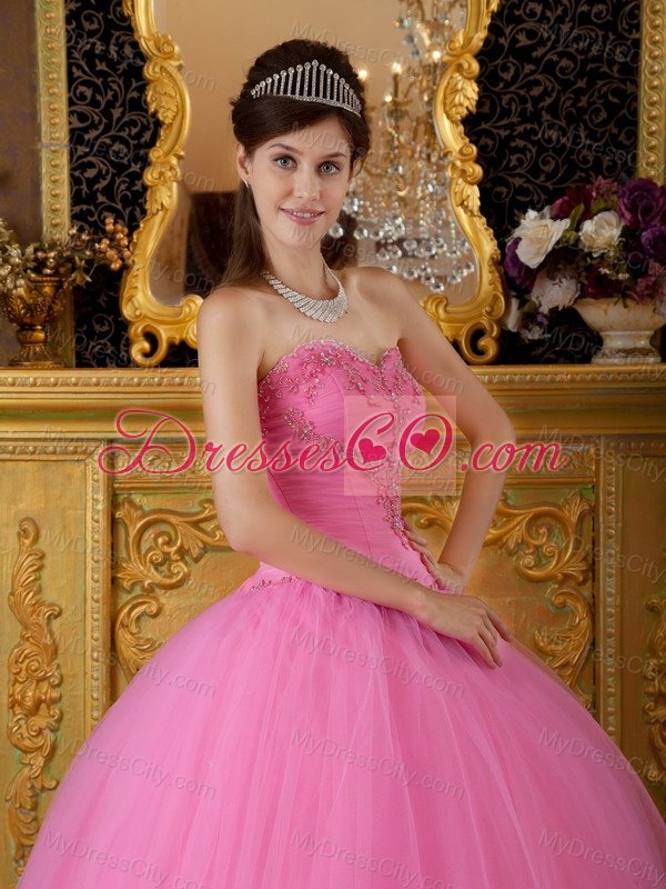 Rose Pink Ball Gown Sweetheart Floor-length Tulle Appliques Quinceanera Dress