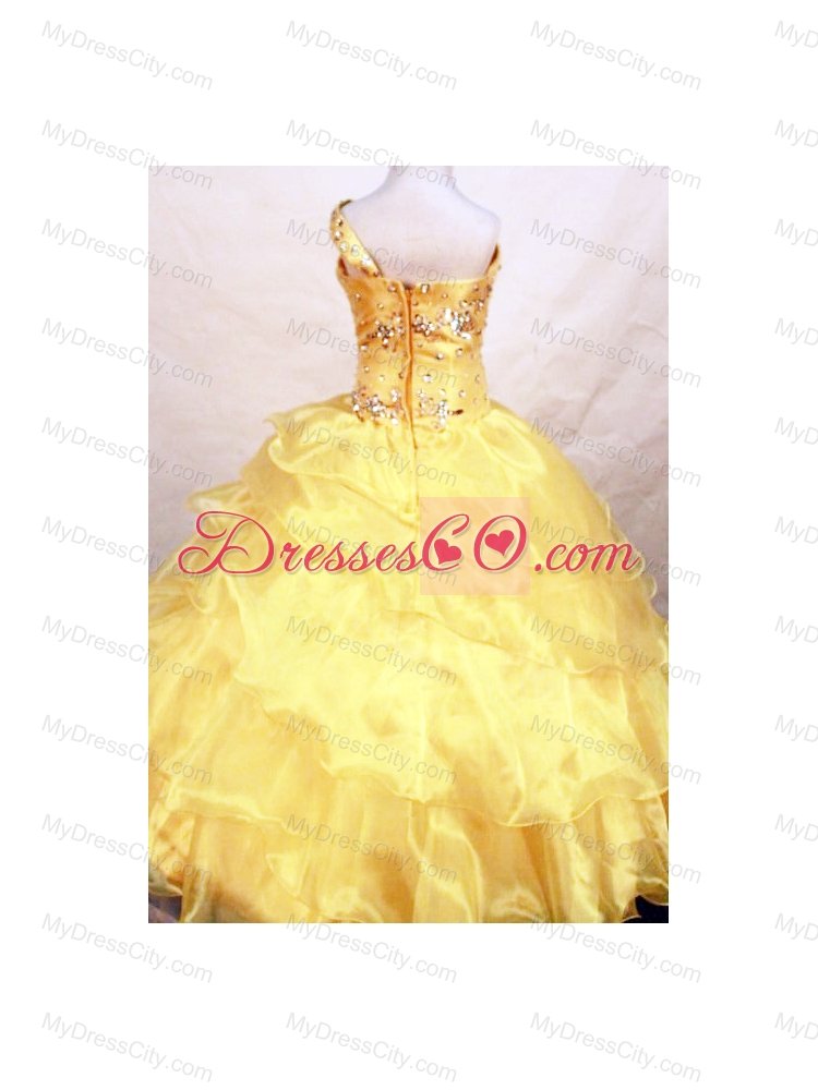 Yellow Ruffles Beaded Girl Pageant Dresses with One Shoulder