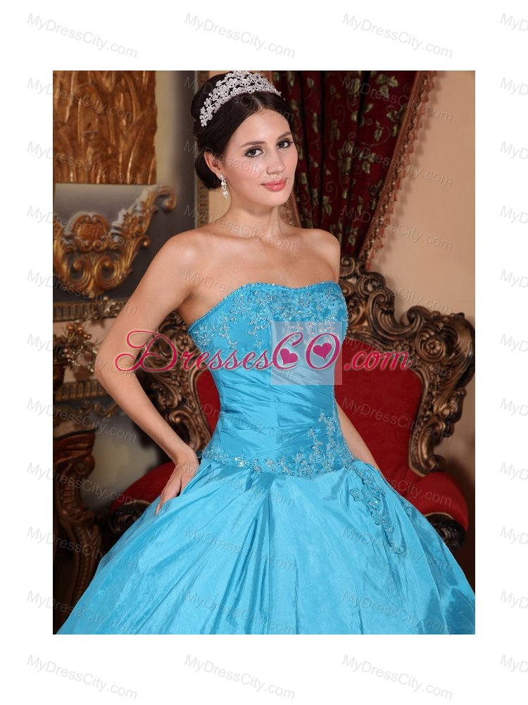 Strapless Appliques With Beading Aqua Blue Quinceanera Gowns