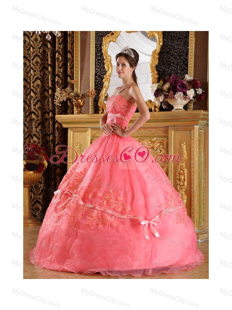 Watermelon Red Ball Gown Strapless Appliques Organza Quinceanera Dress