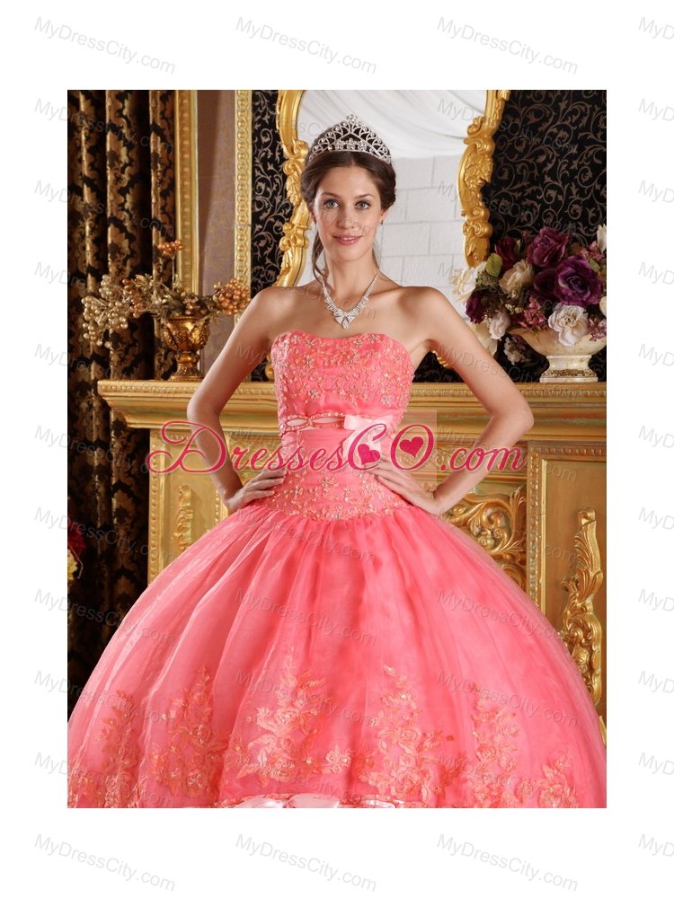 Watermelon Red Ball Gown Strapless Appliques Organza Quinceanera Dress
