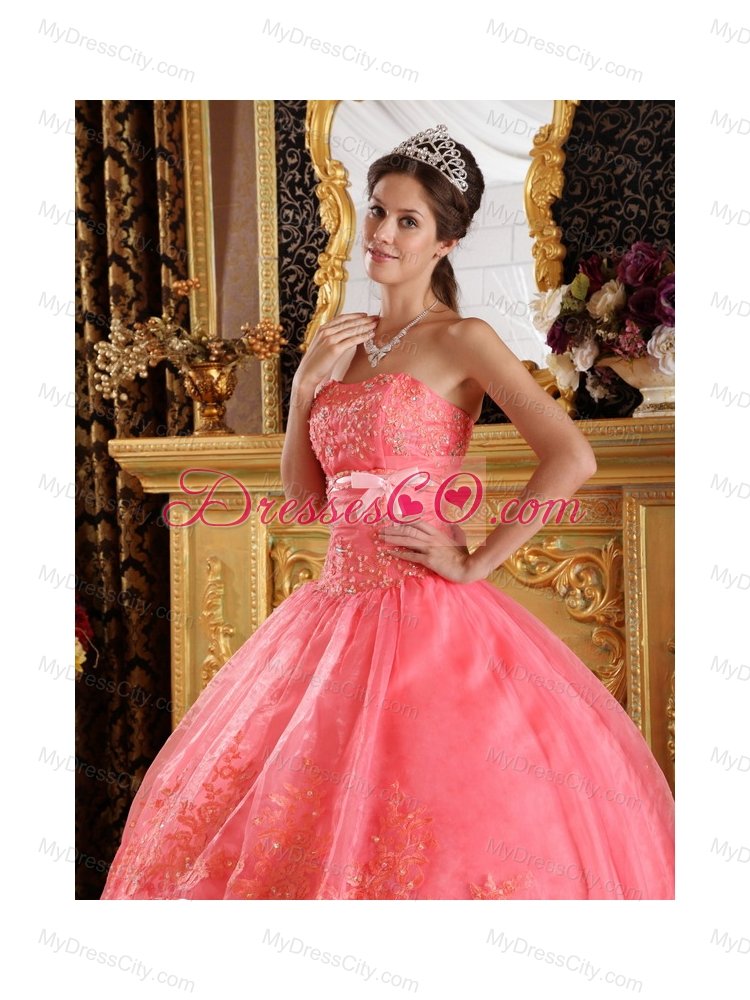 Watermelon Red Ball Gown Strapless Appliques Organza Quinceanera Dress