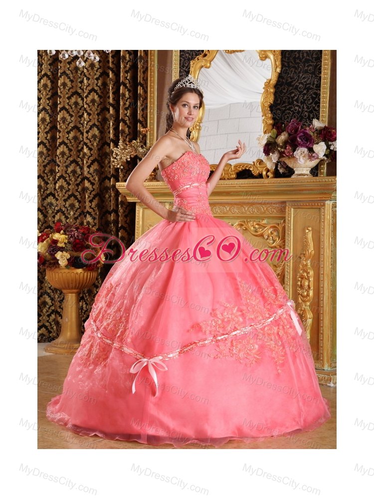 Watermelon Red Ball Gown Strapless Appliques Organza Quinceanera Dress