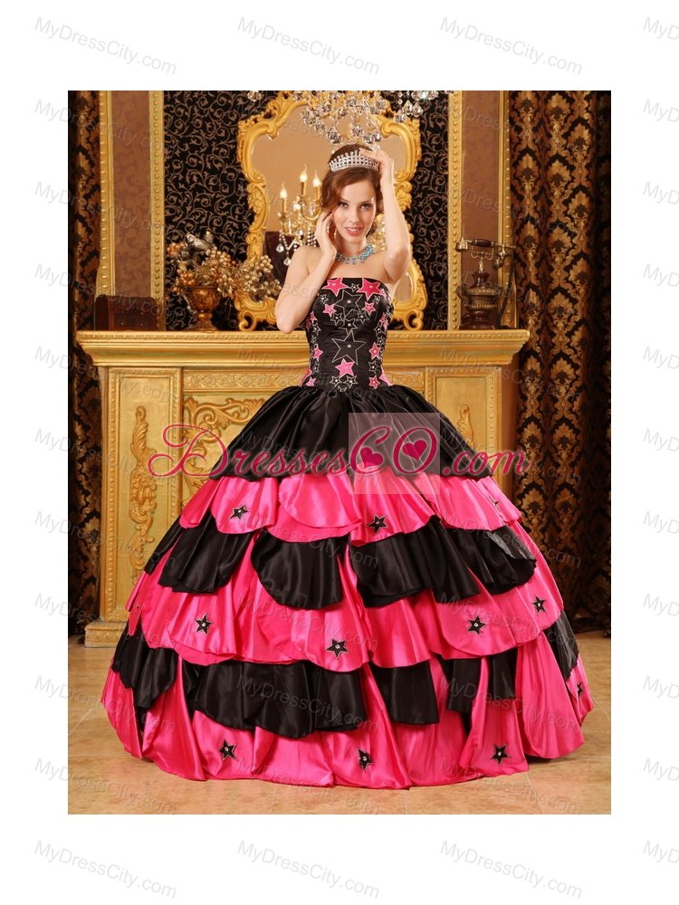 Black And Red Ball Gown Strapless Floor-length Taffeta Beading Quinceanera Dress