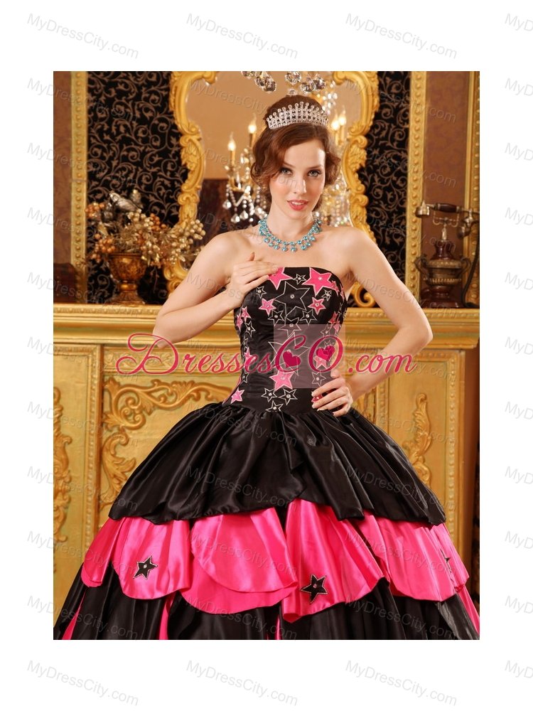 Black And Red Ball Gown Strapless Floor-length Taffeta Beading Quinceanera Dress