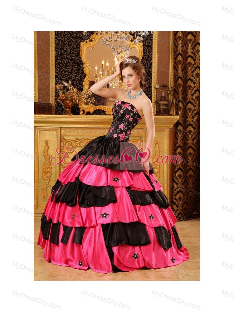 Black And Red Ball Gown Strapless Floor-length Taffeta Beading Quinceanera Dress