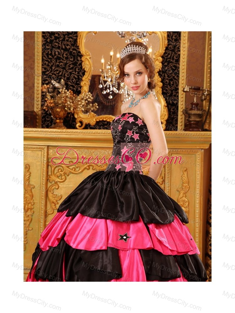 Black And Red Ball Gown Strapless Floor-length Taffeta Beading Quinceanera Dress