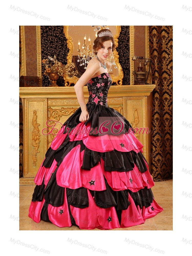 Black And Red Ball Gown Strapless Floor-length Taffeta Beading Quinceanera Dress