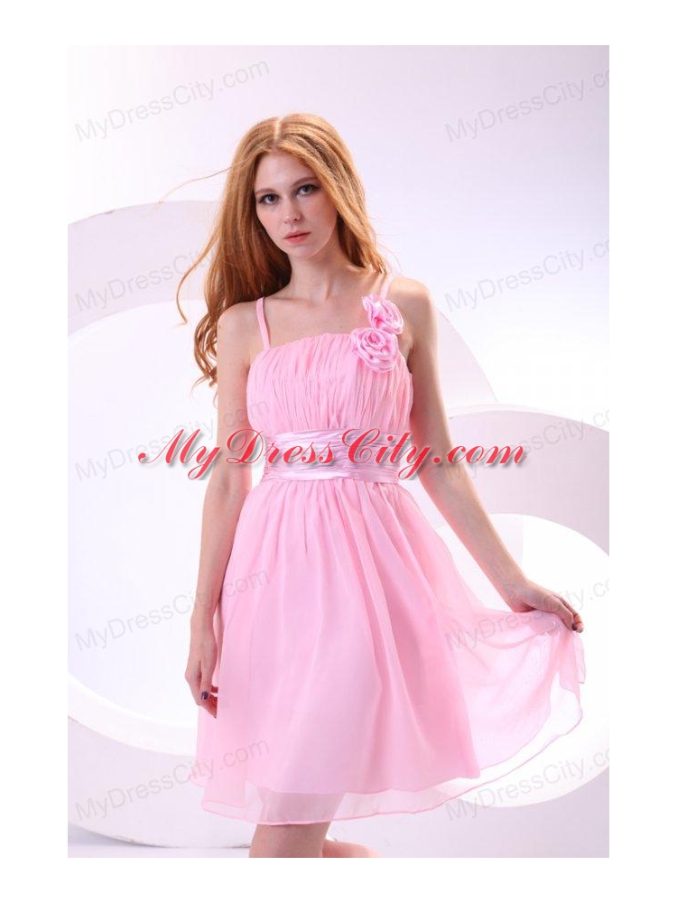 Pretty A-line Straps Knee-length Chiffon Sashes Pink 2014 Prom Dress