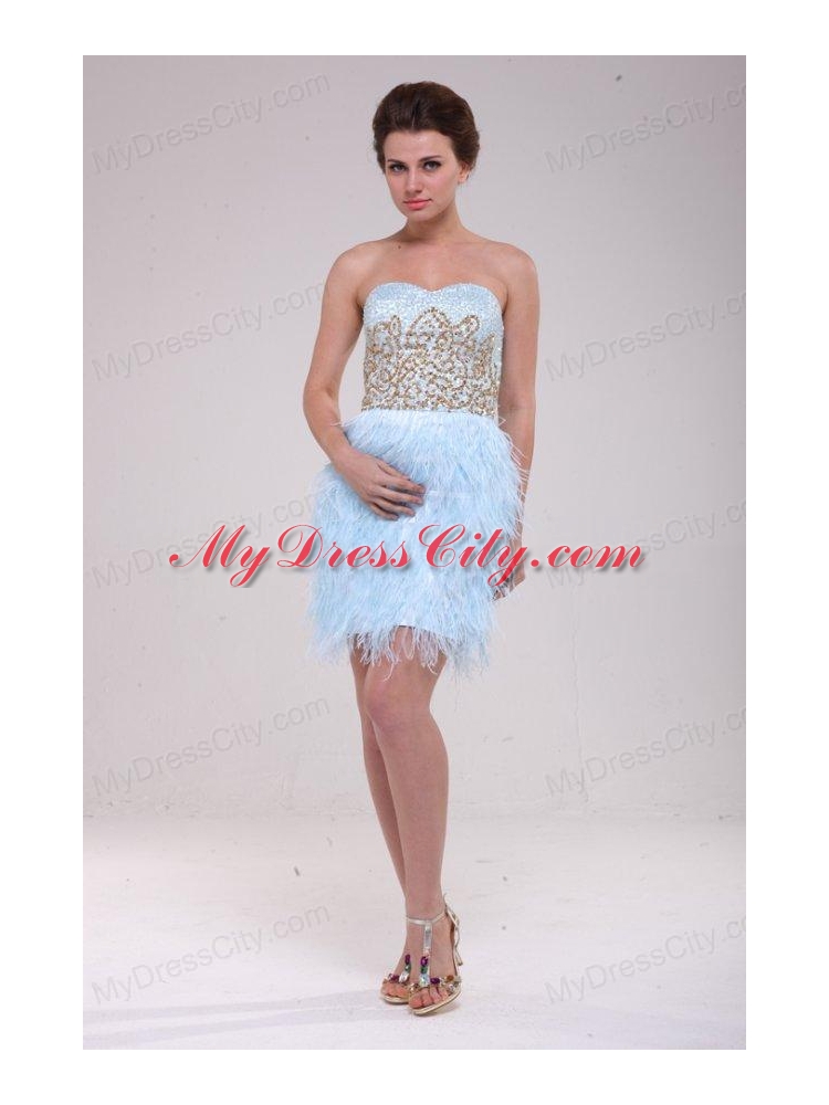 Column Light Blue Sweetheart Feather Sequins Satin Prom Dress