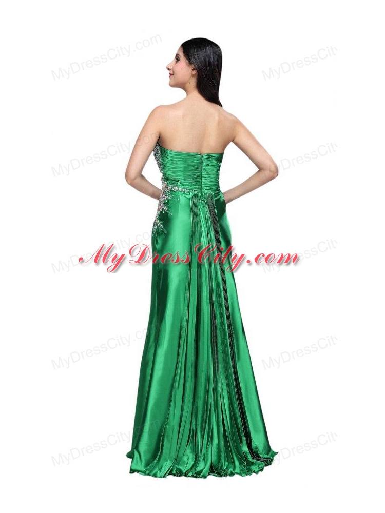 Column Sweetheart Beading Ruching Green High Slit Prom Dress