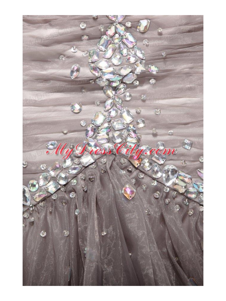 Mermaid Gray Sweetheart Beading and Ruching Organza Long Prom Dress