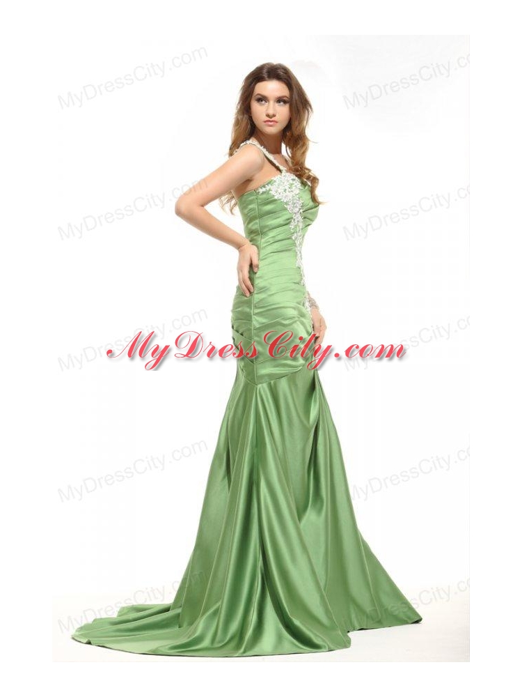 Mermaid One Shoulder Olive Green Prom Dress with White Appliques