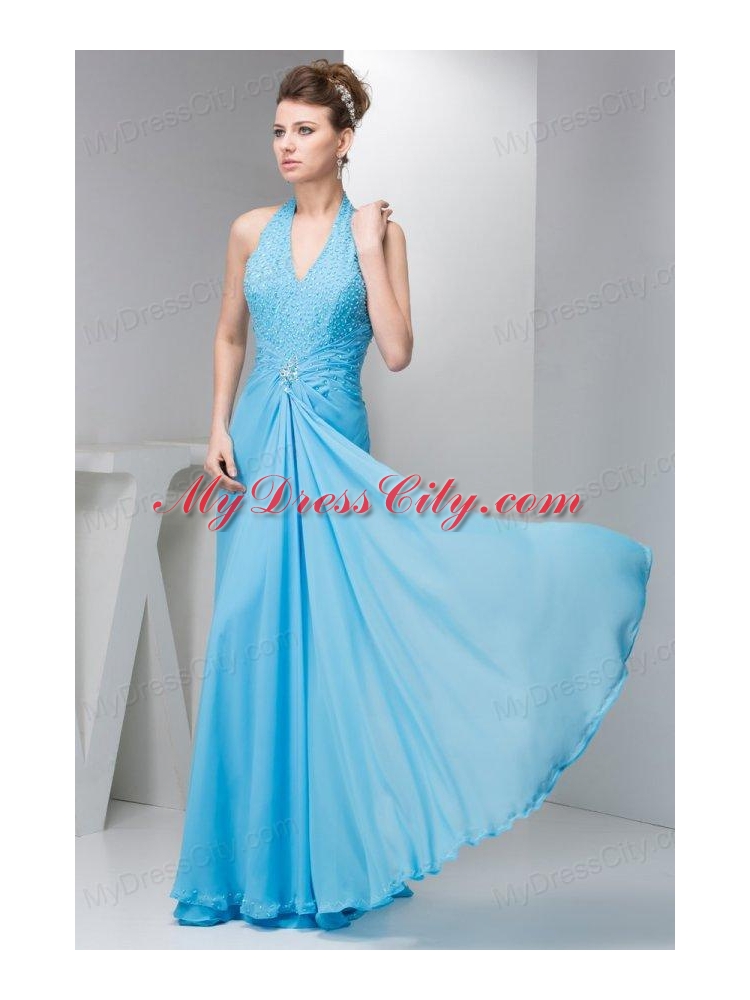 2014 Spring Aqua Blue Empire Halter Beading Chiffon Prom Dress