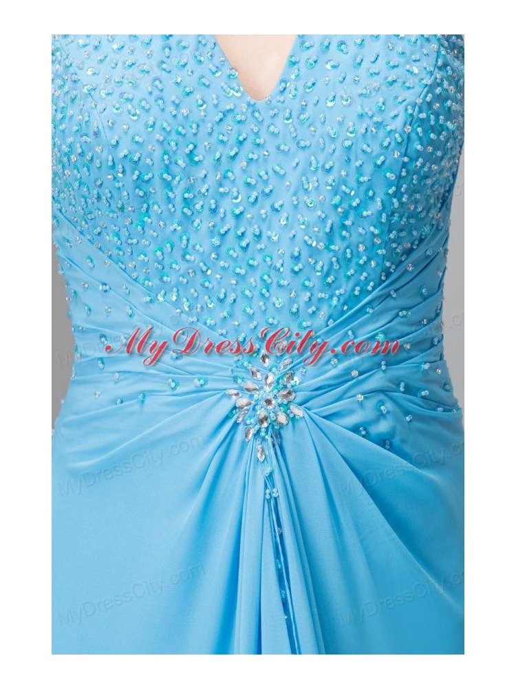 2014 Spring Aqua Blue Empire Halter Beading Chiffon Prom Dress
