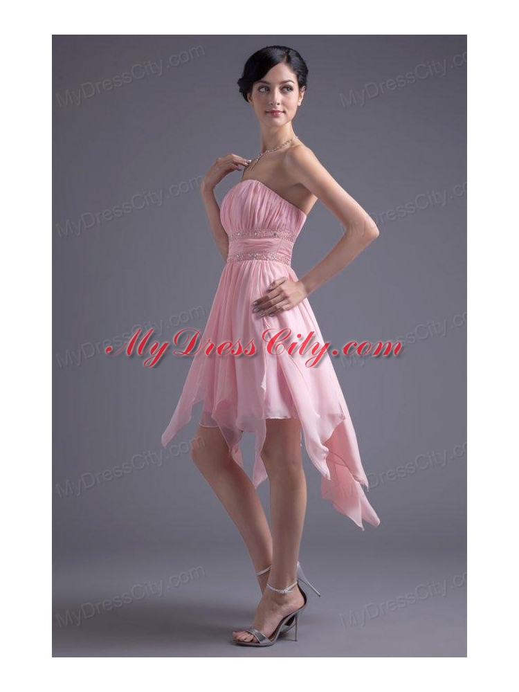 A-line Strapless High-low Pink Beading Chiffon Prom Dress