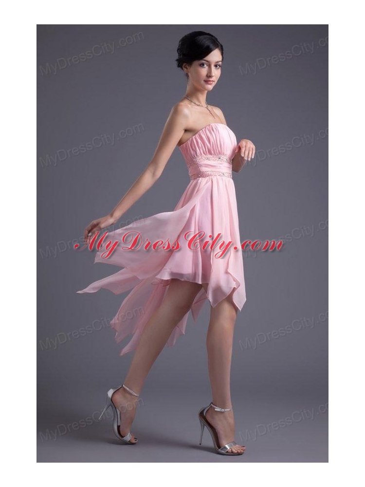 A-line Strapless High-low Pink Beading Chiffon Prom Dress