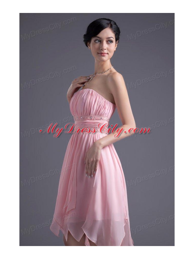 A-line Strapless High-low Pink Beading Chiffon Prom Dress