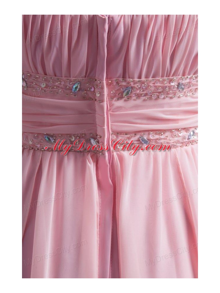A-line Strapless High-low Pink Beading Chiffon Prom Dress