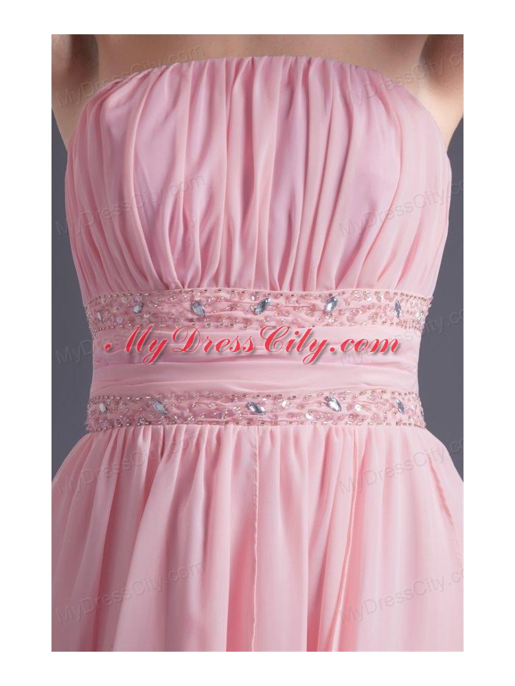 A-line Strapless High-low Pink Beading Chiffon Prom Dress
