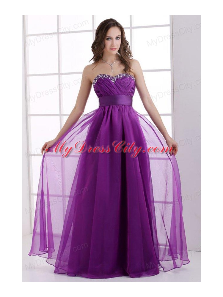A-line Sweetheart Eggplant Purple Ruching Beading Chiffon Prom Dress