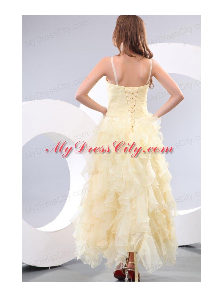 A-line Sweetheart Organza Ankle-length Beading and Ruffles Yellow Prom Dress