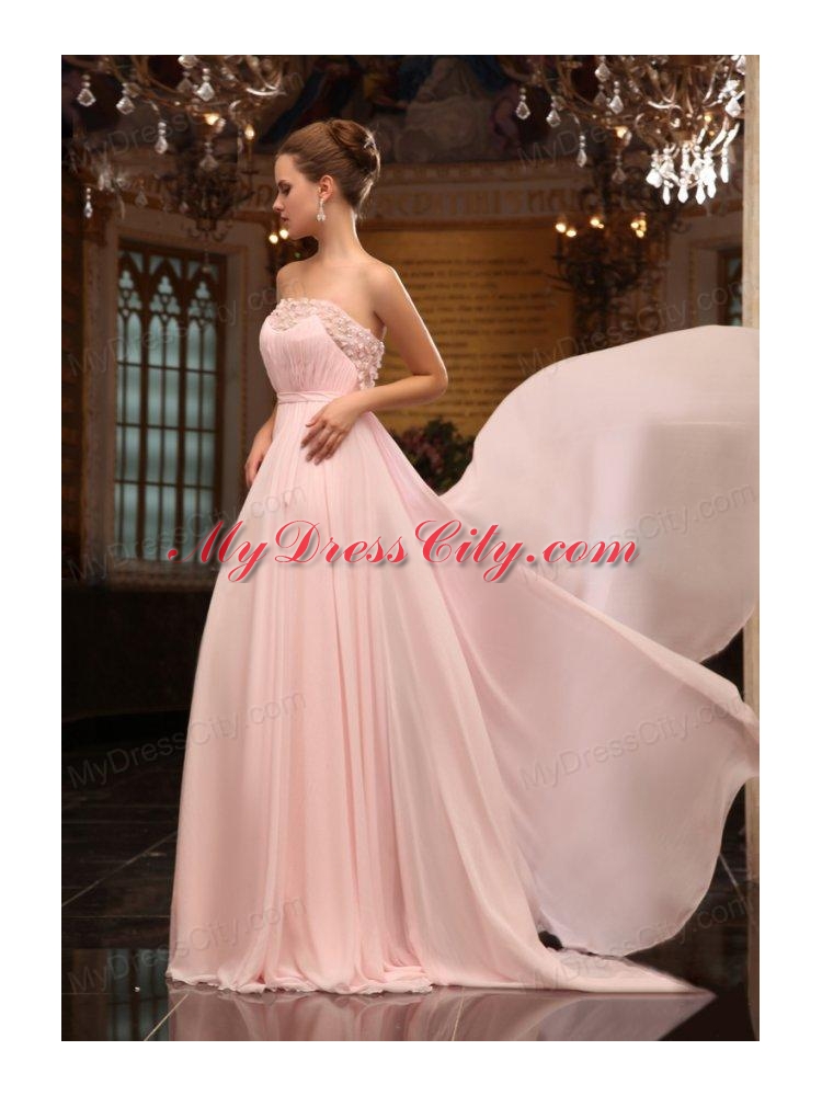 Baby Pink Strapless Appliques Ruching Brush Train Prom Dress