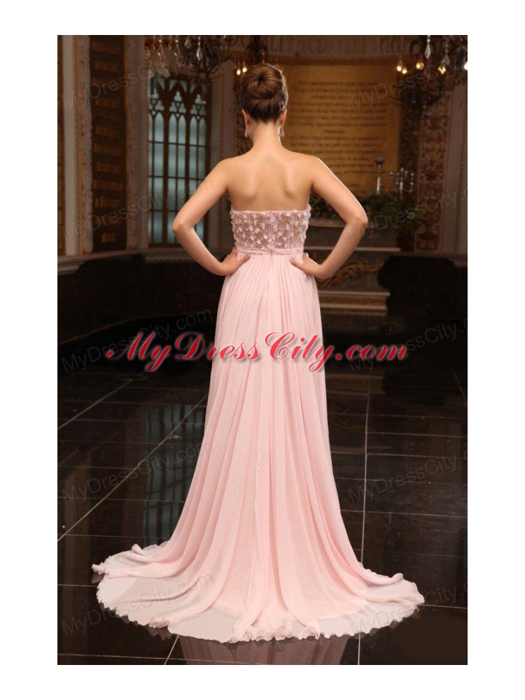 Baby Pink Strapless Appliques Ruching Brush Train Prom Dress