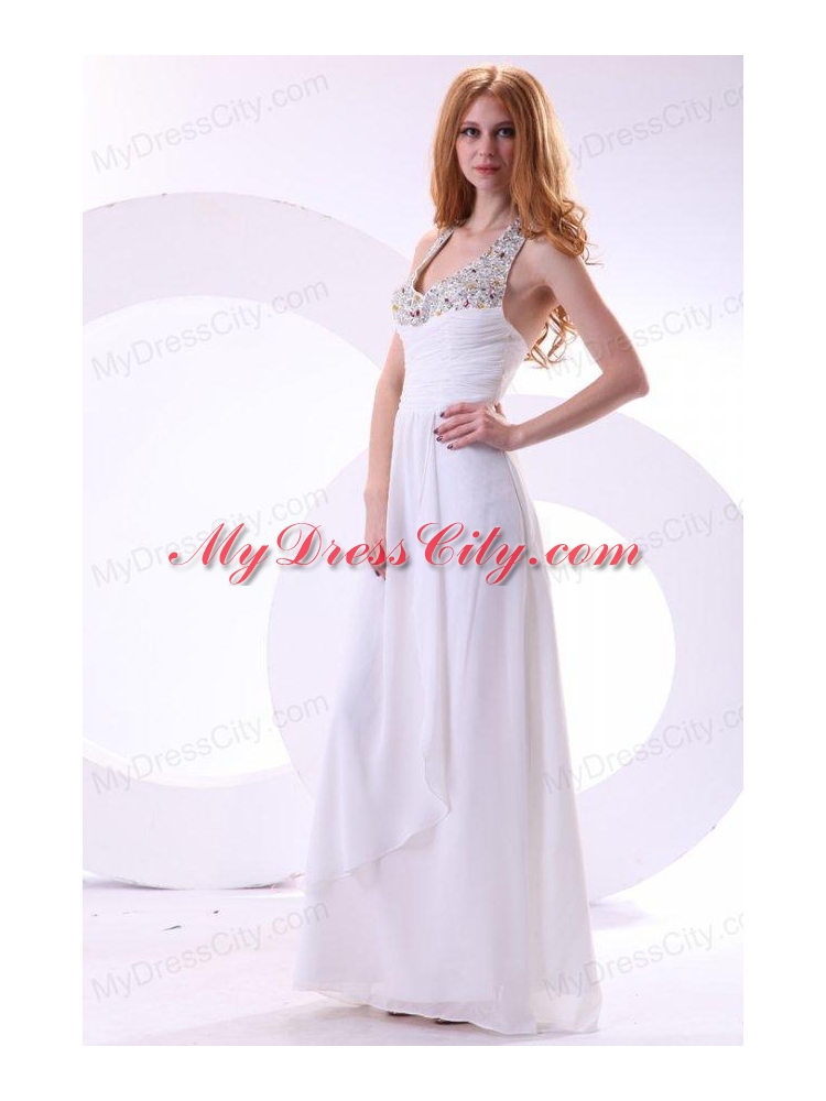Chiffon Halter Top Beaded Empire White Prom Dress