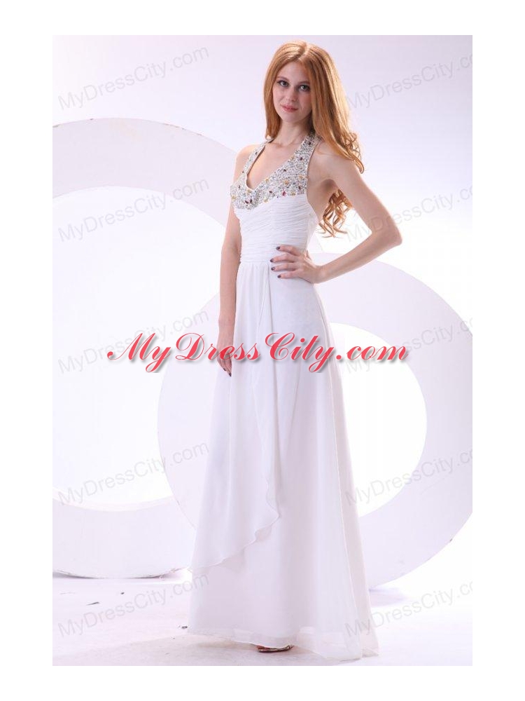 Chiffon Halter Top Beaded Empire White Prom Dress